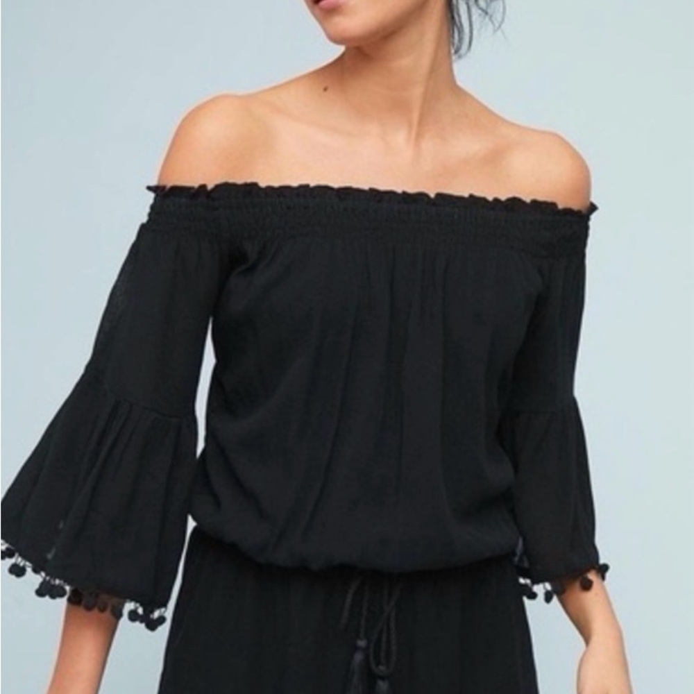 Anthropologie RAGA Colette Black Off Shoulder Pom Romper Size Medium